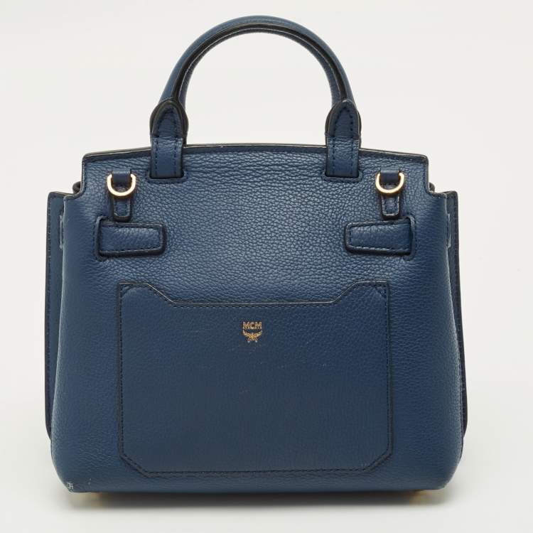 Pre Owned MCM Milla Flap Two Tone Blue Leather Top Handle Bag
