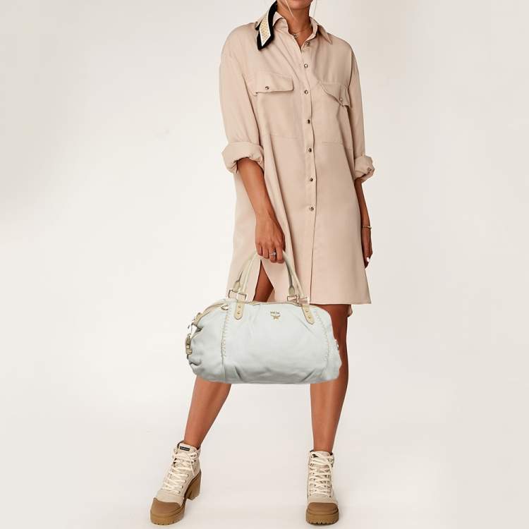 Pre Owned MCM Whipstitched Detail Grey Leather Satchel