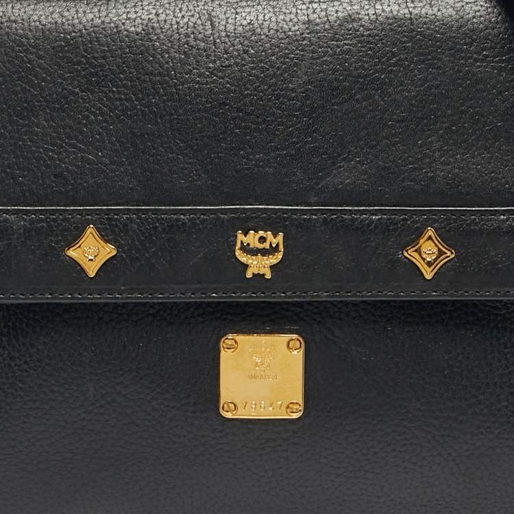 Pre Owned MCM Logo Studded Black Leather Flap Shoulder Bag