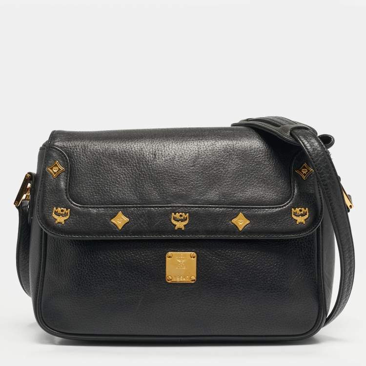 Pre Owned MCM Logo Studded Black Leather Flap Shoulder Bag