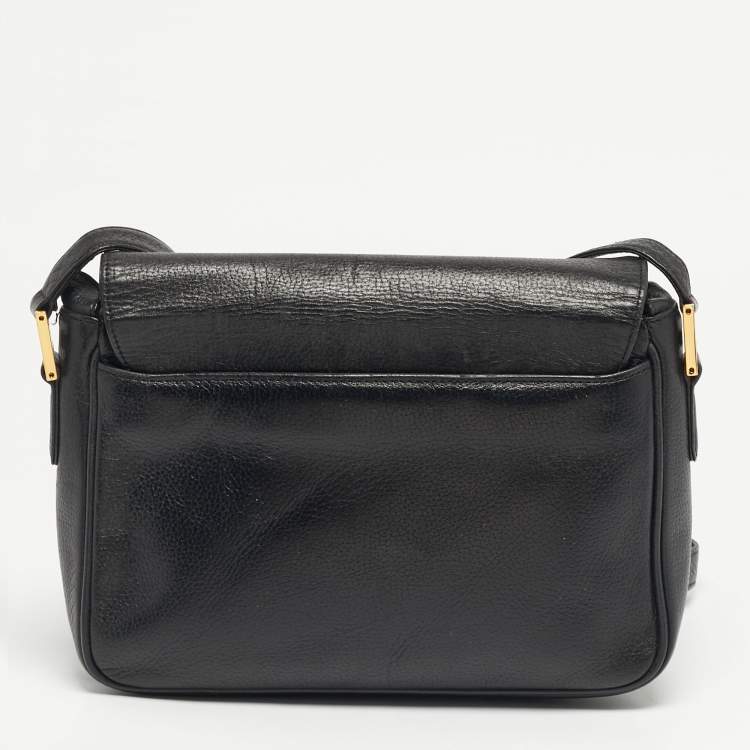 Pre Owned MCM Logo Studded Black Leather Flap Shoulder Bag