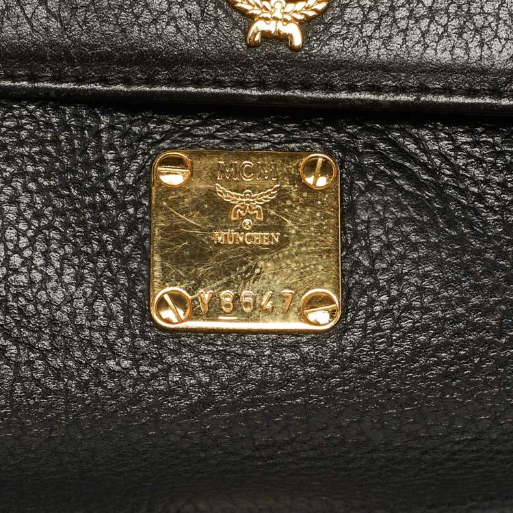 Pre Owned MCM Logo Studded Black Leather Flap Shoulder Bag