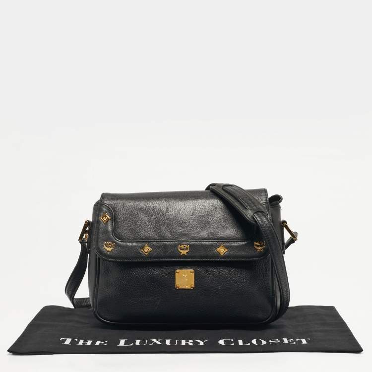 Pre Owned MCM Logo Studded Black Leather Flap Shoulder Bag