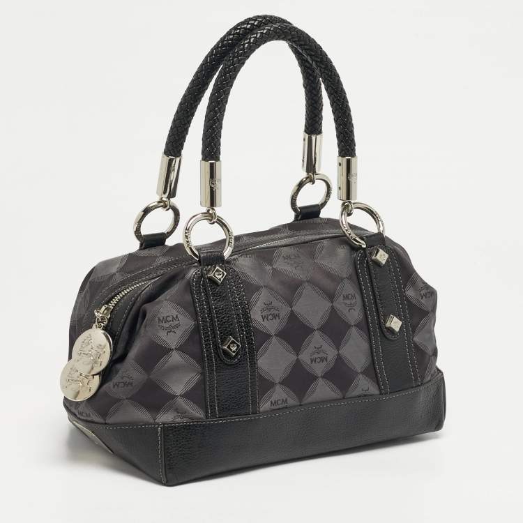 مملوكة مسبقًا MCM Black Logo Diamond Print Fabric and Leather Boston Bag