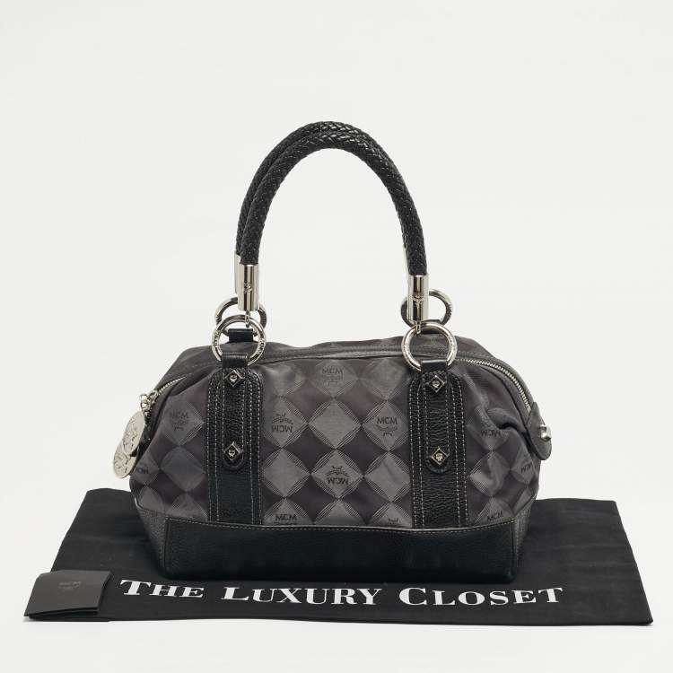 مملوكة مسبقًا MCM Black Logo Diamond Print Fabric and Leather Boston Bag