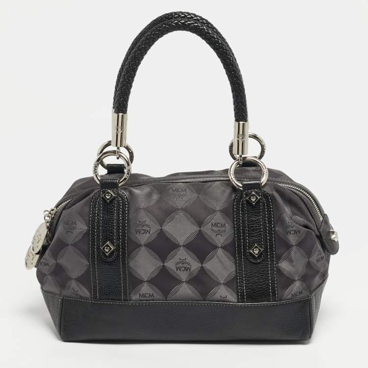 مملوكة مسبقًا MCM Black Logo Diamond Print Fabric and Leather Boston Bag
