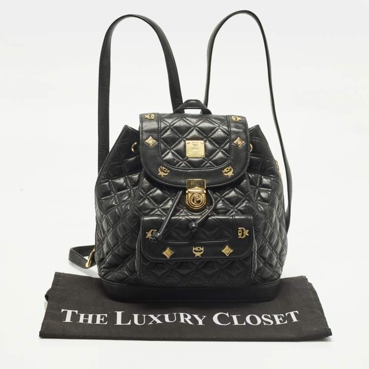 Pre Owned MCM Studded Black Quilted Leather Drawstring Backpack