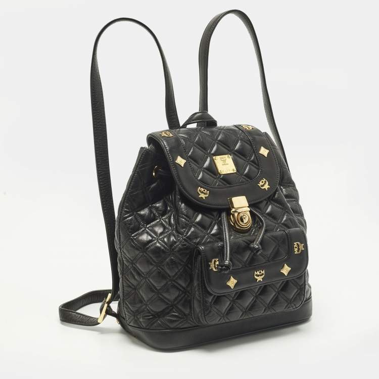 Pre Owned MCM Studded Black Quilted Leather Drawstring Backpack
