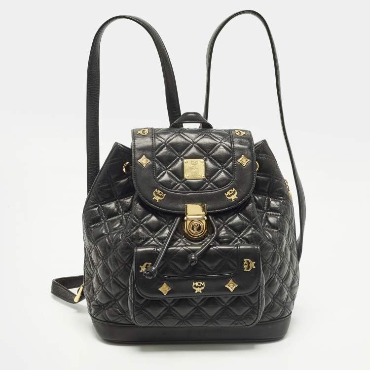 Pre Owned MCM Studded Black Quilted Leather Drawstring Backpack