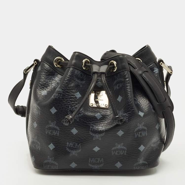 Pre Owned MCM Black Visetos Coated Canvas and Leather Drawstring Bucket Bag