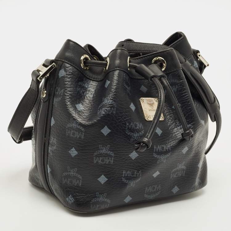 Pre Owned MCM Black Visetos Coated Canvas and Leather Drawstring Bucket Bag