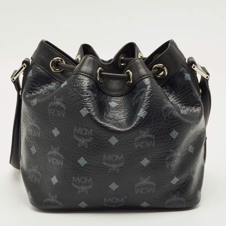 Pre Owned MCM Black Visetos Coated Canvas and Leather Drawstring Bucket Bag