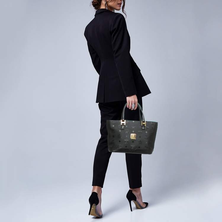 Pre Owned MCM Black Visetos Nylon Top Zip Tote