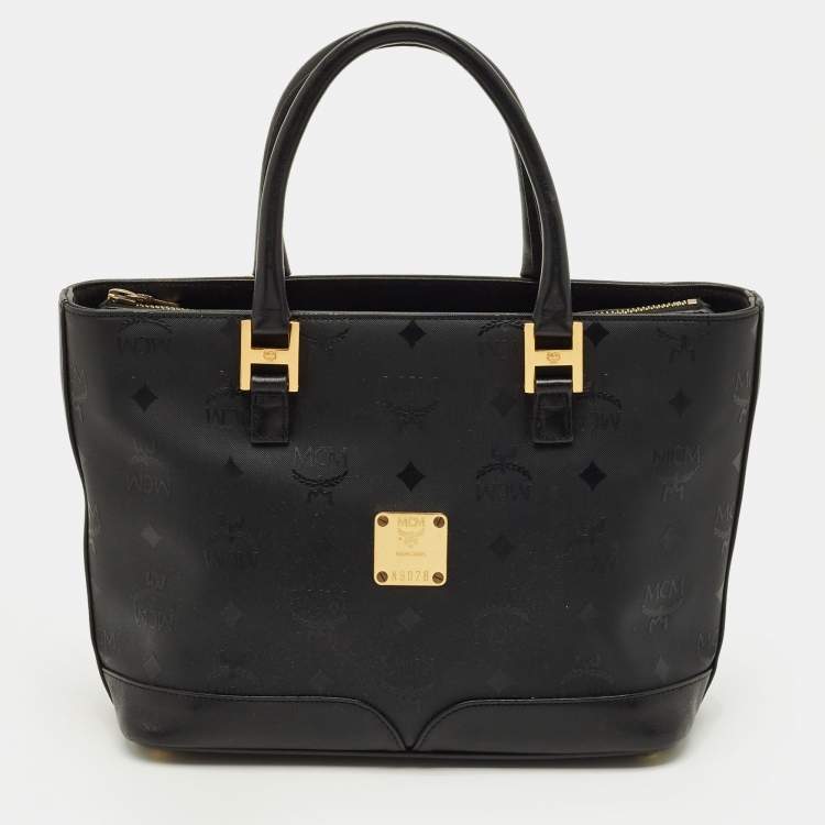 Pre Owned MCM Black Visetos Nylon Top Zip Tote