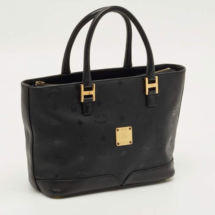 Pre Owned MCM Black Visetos Nylon Top Zip Tote