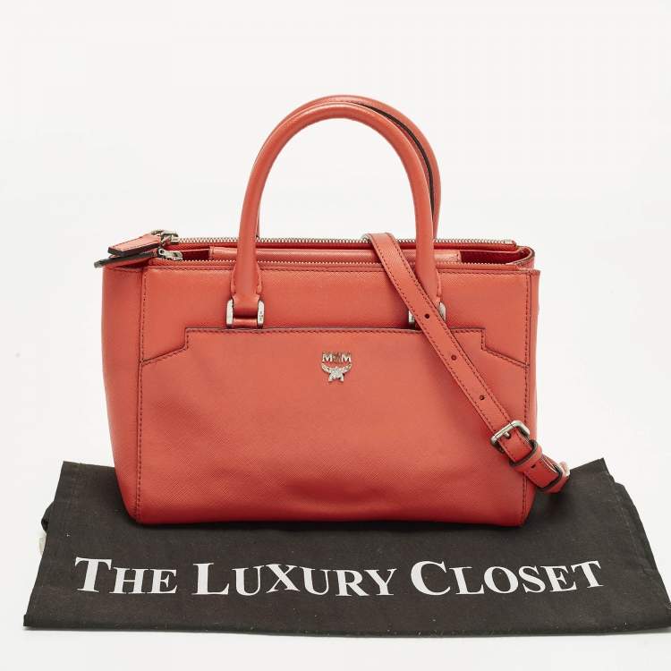 Pre Owned MCM Elda Coral Orange Leather Tote
