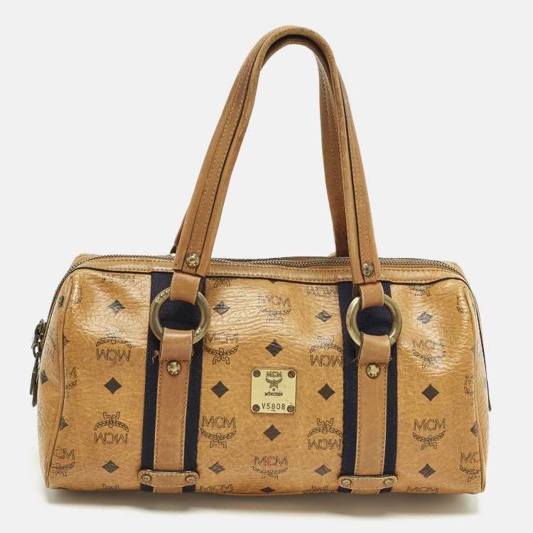 Pre Owned MCM Cognac Visetos Coated Canvas Boston Satchel