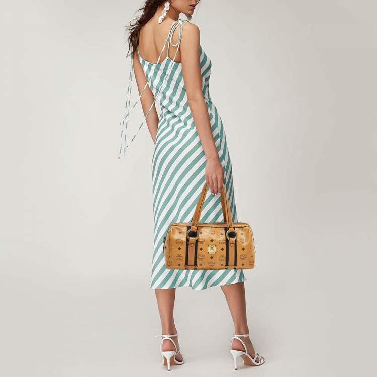 Pre Owned MCM Cognac Visetos Coated Canvas Boston Satchel