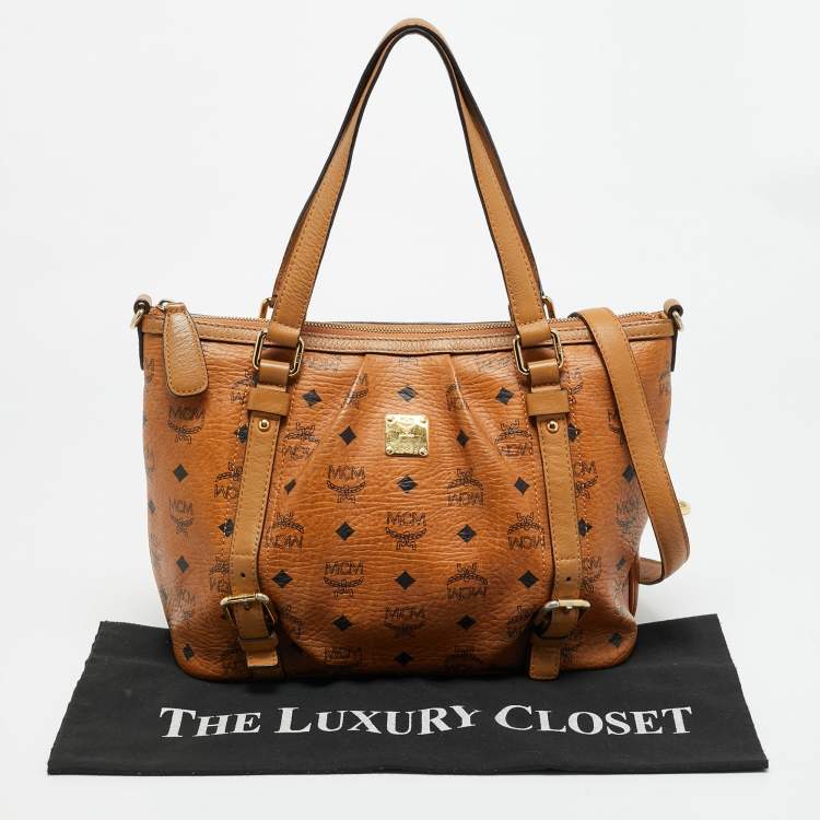 مملوكة مسبقًا MCM Pleated Cognac Coated Canvas and Leather Tote