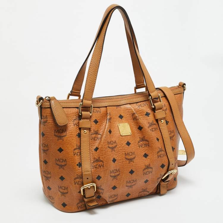 مملوكة مسبقًا MCM Pleated Cognac Coated Canvas and Leather Tote