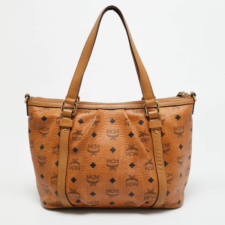 مملوكة مسبقًا MCM Pleated Cognac Coated Canvas and Leather Tote