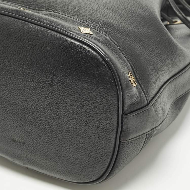 Pre Owned MCM Black Logo Studded Leather Drawstring Bucket Bag