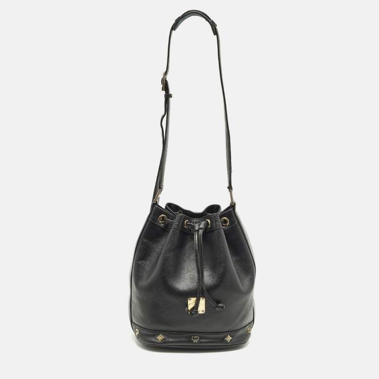Pre Owned MCM Black Logo Studded Leather Drawstring Bucket Bag
