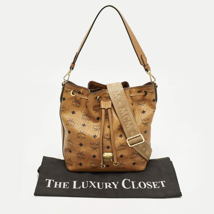 Pre Owned MCM Cognac Visetos Coated Canvas Drawstring Bucket Bag