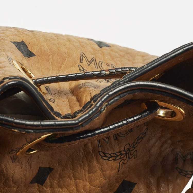 Pre Owned MCM Cognac Visetos Coated Canvas Drawstring Bucket Bag