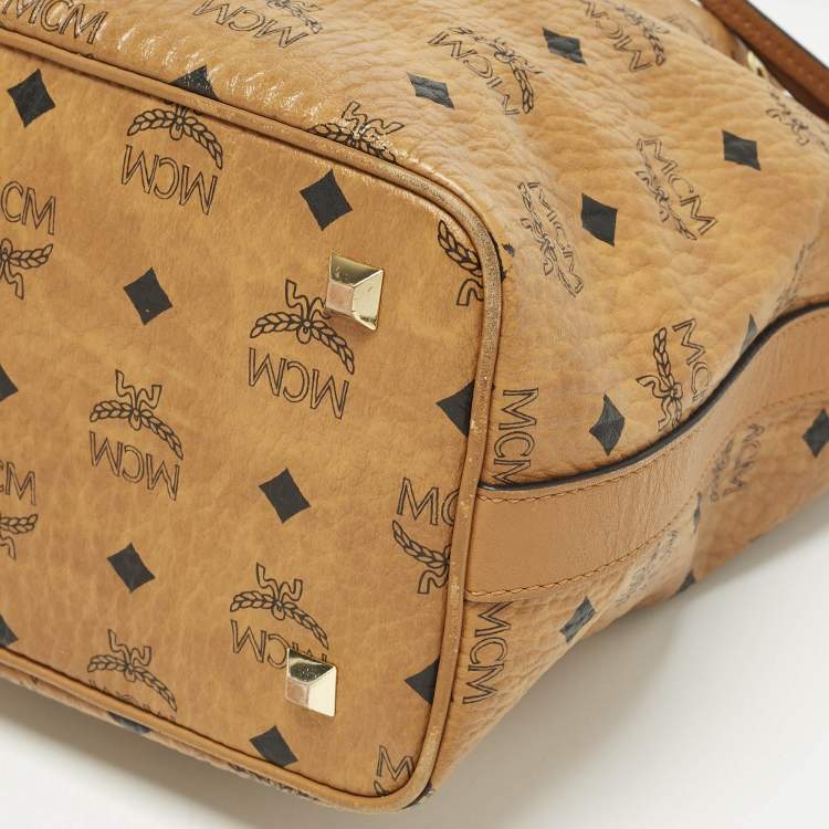 Pre Owned MCM Cognac Visetos Coated Canvas Drawstring Bucket Bag