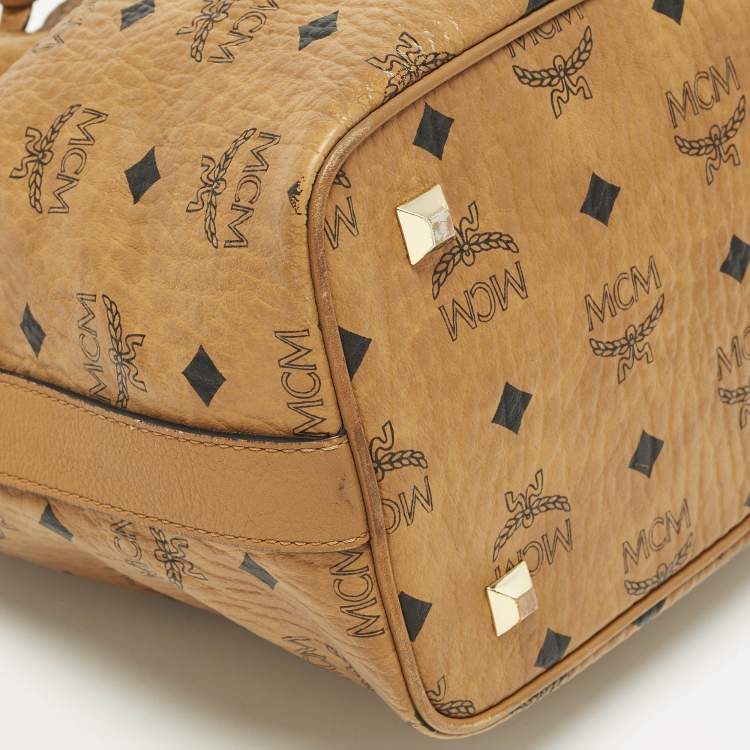 Pre Owned MCM Cognac Visetos Coated Canvas Drawstring Bucket Bag