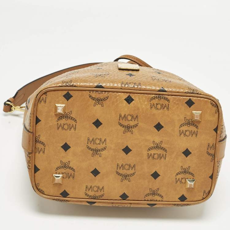 Pre Owned MCM Cognac Visetos Coated Canvas Drawstring Bucket Bag