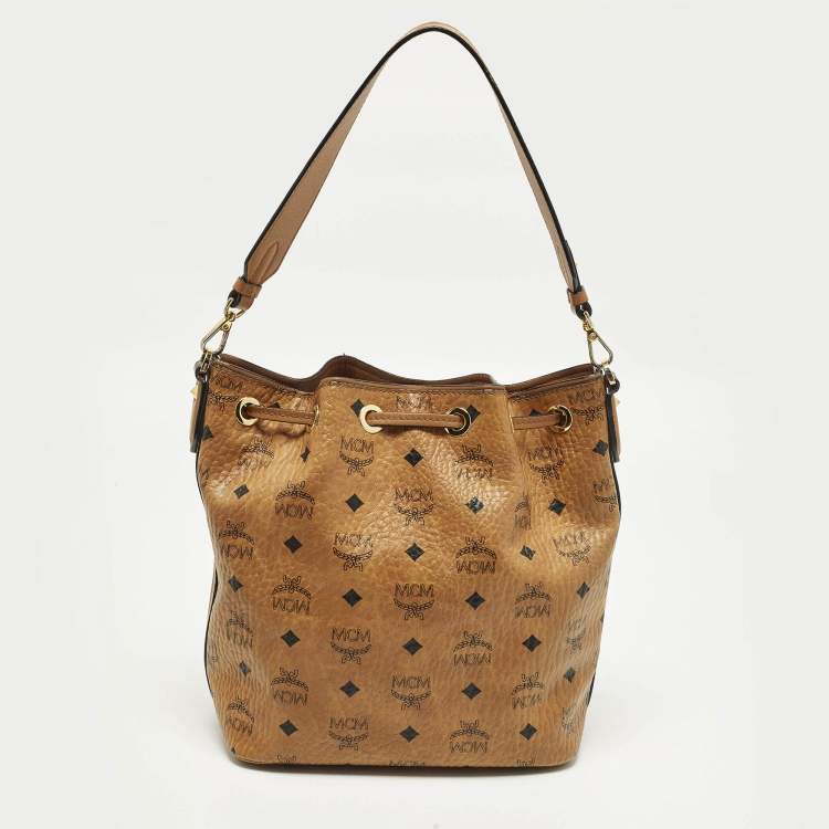 Pre Owned MCM Cognac Visetos Coated Canvas Drawstring Bucket Bag