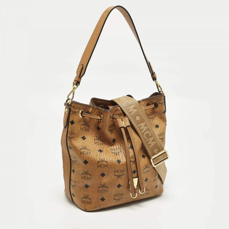 Pre Owned MCM Cognac Visetos Coated Canvas Drawstring Bucket Bag
