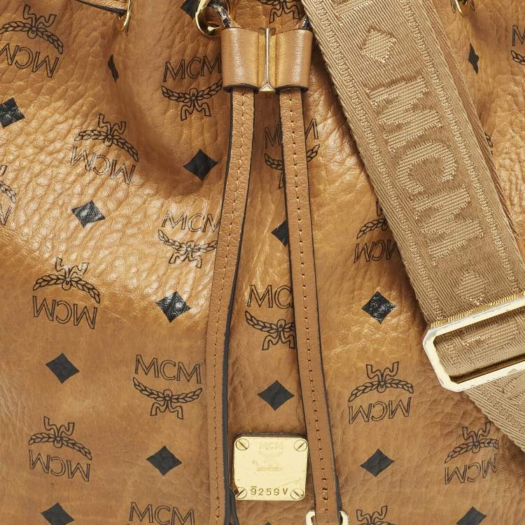 Pre Owned MCM Cognac Visetos Coated Canvas Drawstring Bucket Bag