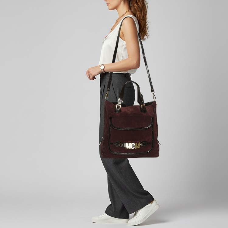 Pre Owned MCM Burgundy Patent Leather and Suede Tote