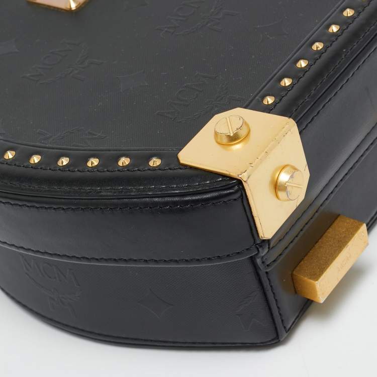 Pre Owned MCM Black Studded Berlin Black Coated Canvas Round Bag