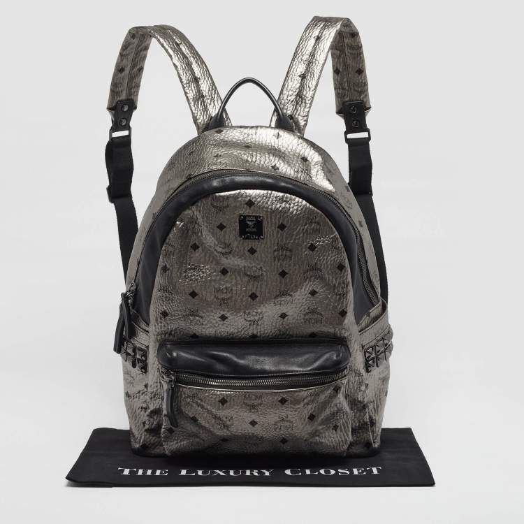 Pre Owned MCM Studs Stark Medium Silver/Black Visetos Coated Canvas Backpack