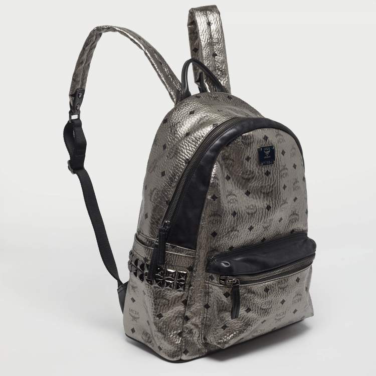 Pre Owned MCM Studs Stark Medium Silver/Black Visetos Coated Canvas Backpack