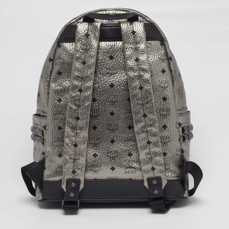Pre Owned MCM Studs Stark Medium Silver/Black Visetos Coated Canvas Backpack
