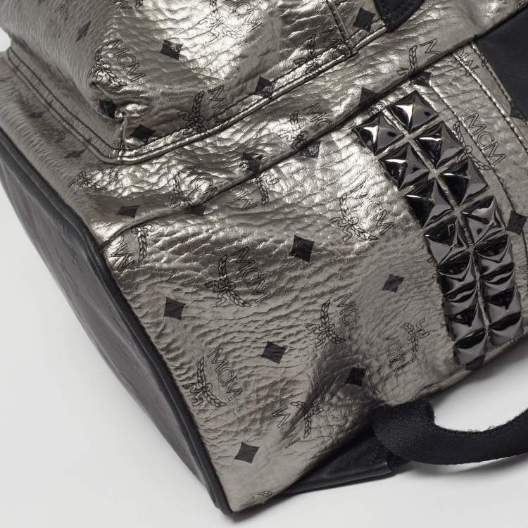 Pre Owned MCM Studs Stark Medium Silver/Black Visetos Coated Canvas Backpack