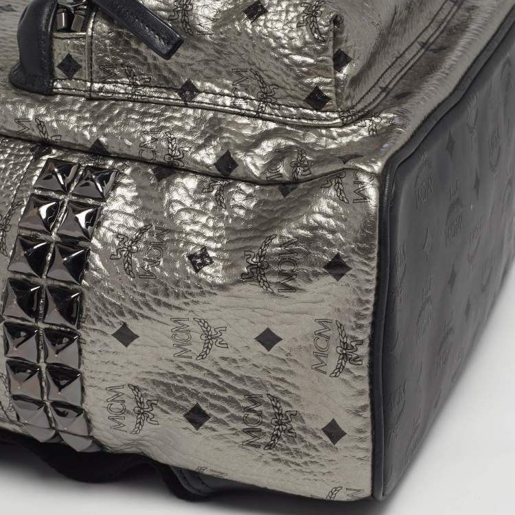 Pre Owned MCM Studs Stark Medium Silver/Black Visetos Coated Canvas Backpack