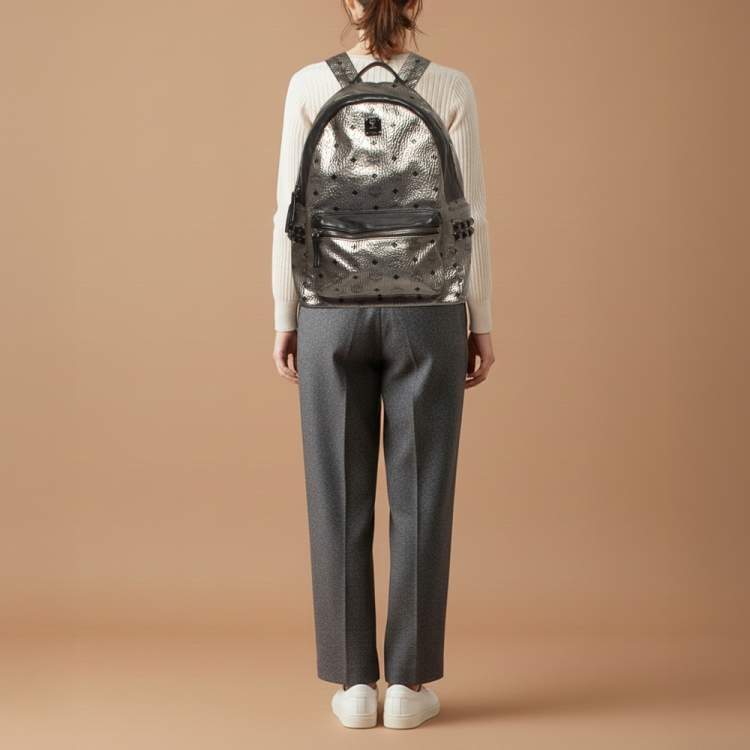 Pre Owned MCM Studs Stark Medium Silver/Black Visetos Coated Canvas Backpack