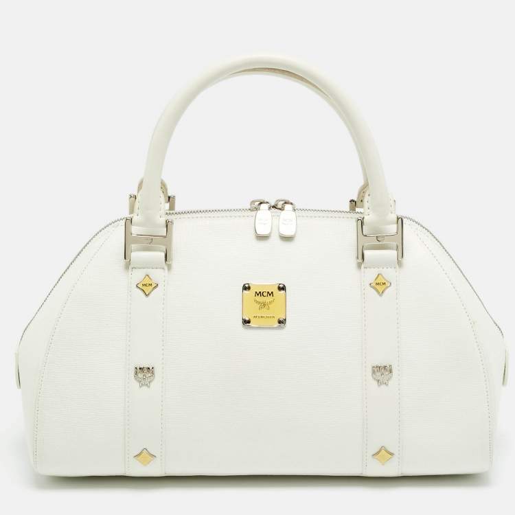 Pre Owned MCM Enamel Logo White Leather Zip Satchel