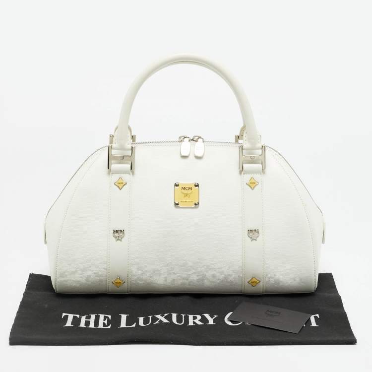 Pre Owned MCM Enamel Logo White Leather Zip Satchel