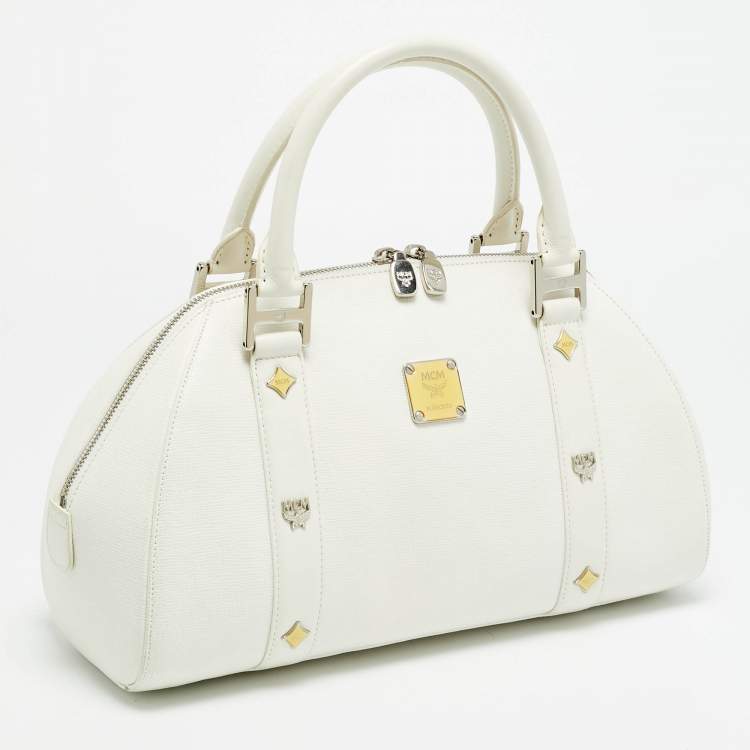 Pre Owned MCM Enamel Logo White Leather Zip Satchel