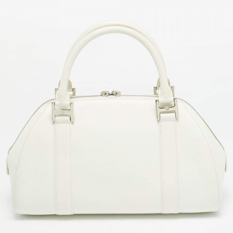 Pre Owned MCM Enamel Logo White Leather Zip Satchel