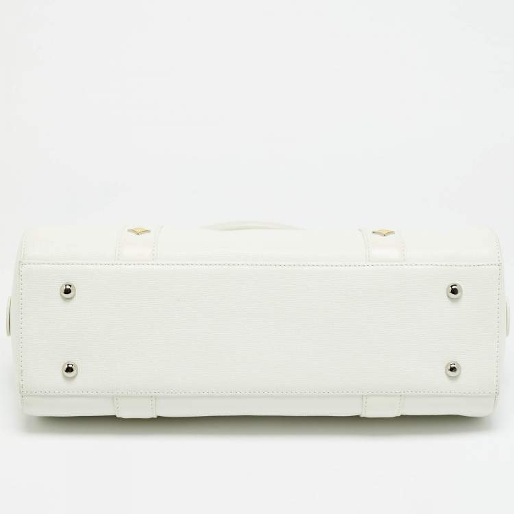 Pre Owned MCM Enamel Logo White Leather Zip Satchel