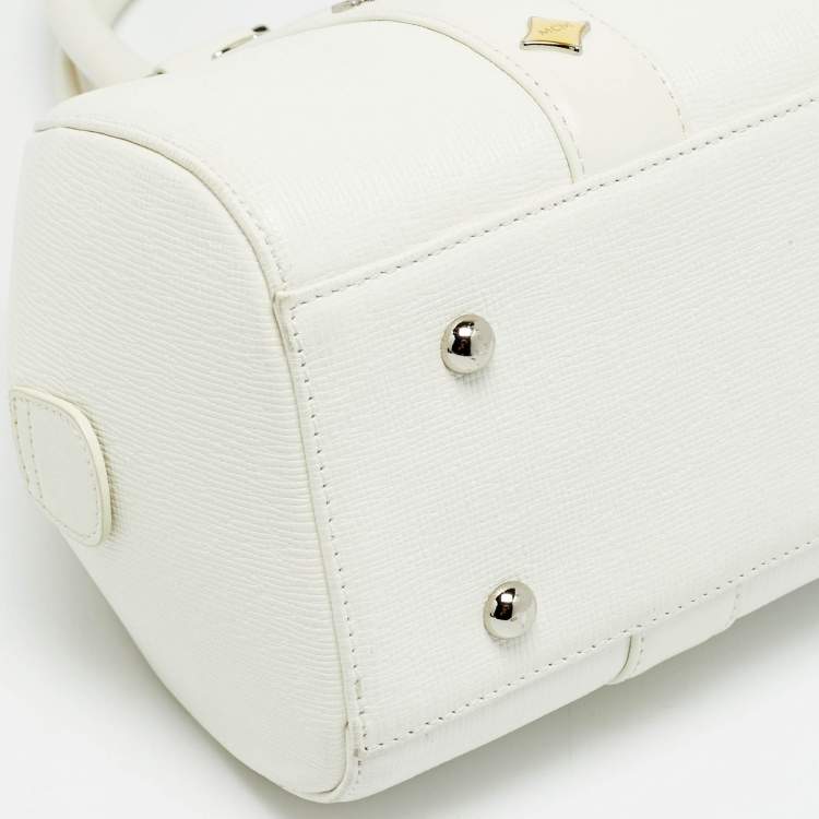 Pre Owned MCM Enamel Logo White Leather Zip Satchel
