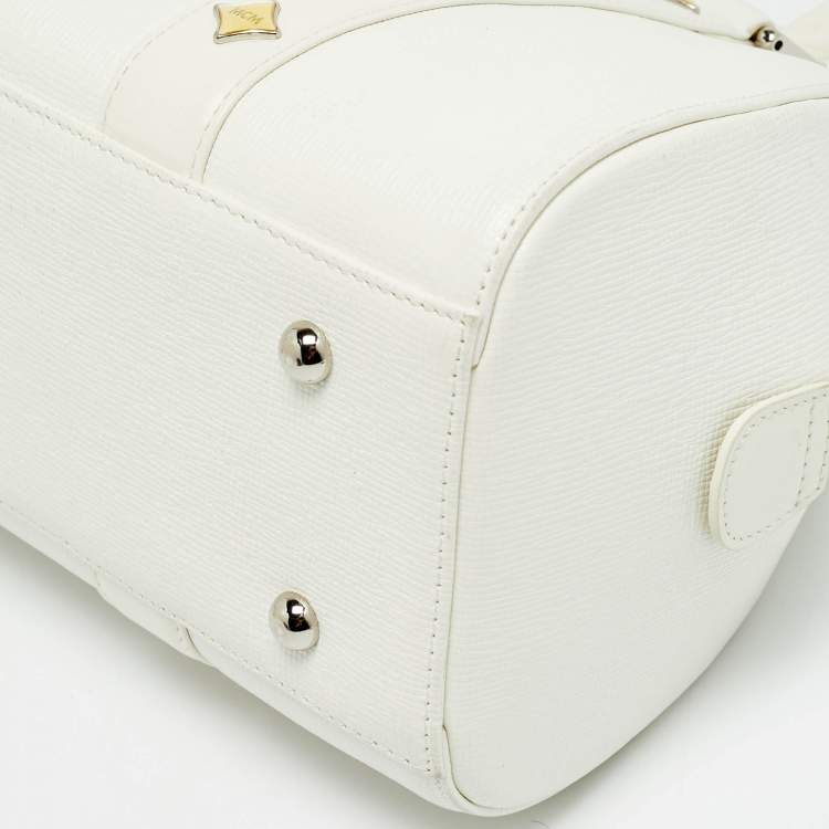 Pre Owned MCM Enamel Logo White Leather Zip Satchel